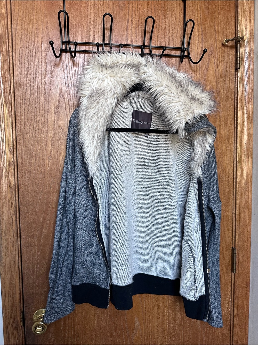 Y2K Victoria’s Secret Gray Faux-Fur Hooded Sweater Jacket
